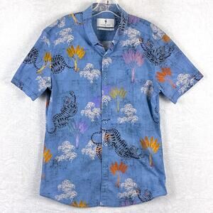 Father Sons Hawaiian Camp Shirt Mens XL Blue Tiger Palms AOP Stretch Slim Preppy
